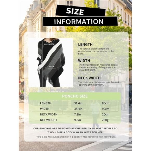 Women's Striped Poncho Sweater Cozy Knit Fringe Shawl Wraps for Fall Winter - Picture 5 of 7